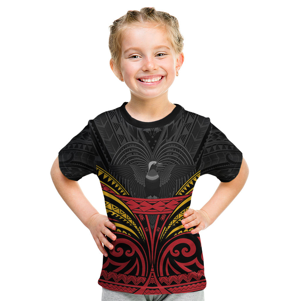 Custom Papua New Guinea Cricket Kid T Shirt PNG Emblem Mix Polyneisan Pattern