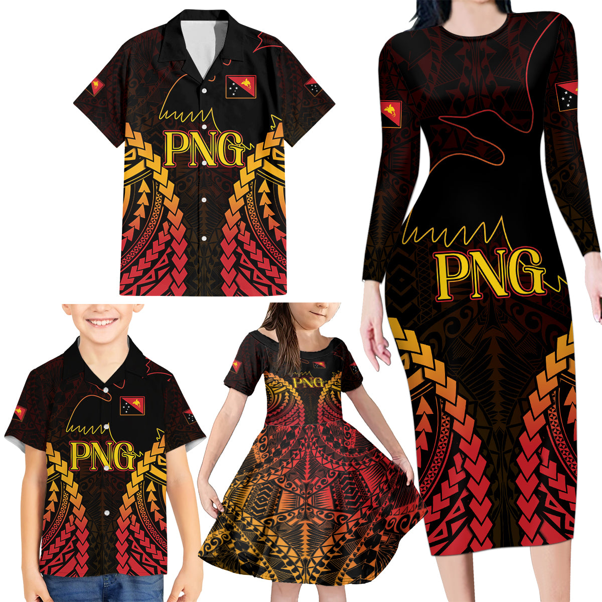 Custom Papua New Guinea Cricket Family Matching Long Sleeve Bodycon Dress and Hawaiian Shirt Go Barramundis LT9 - Polynesian Pride