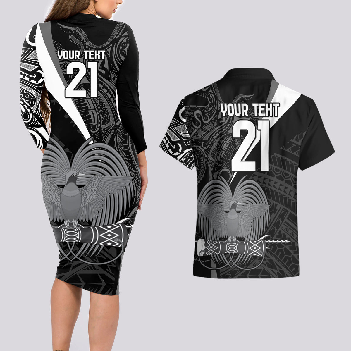 Custom Papua New Guinea Cricket Couples Matching Long Sleeve Bodycon Dress and Hawaiian Shirt Tribal Bird of Paradise Tattoo LT9 - Polynesian Pride