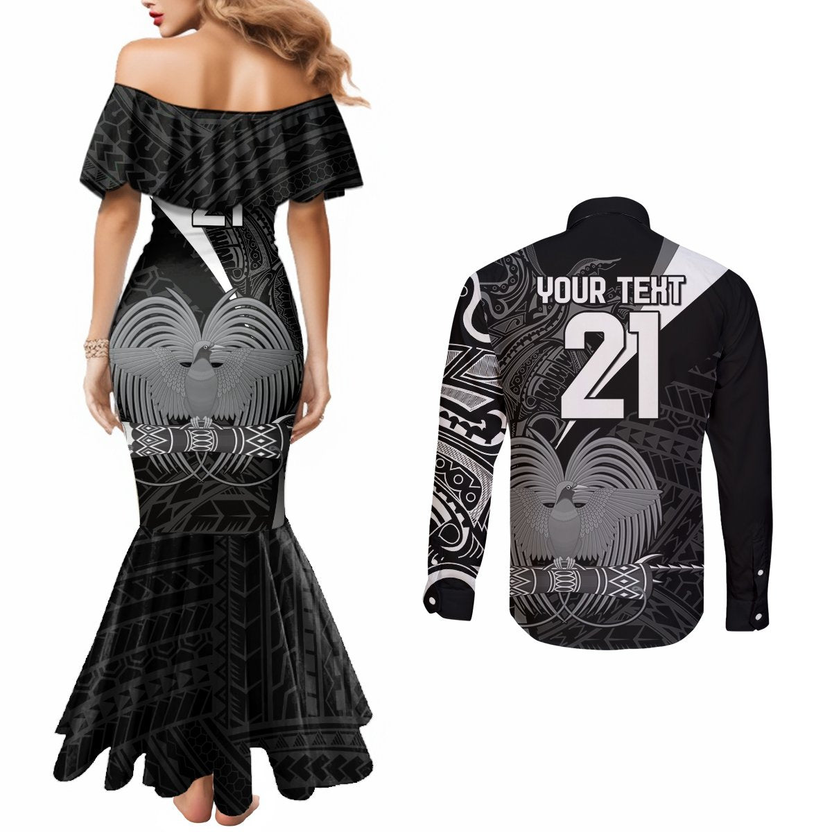 Custom Papua New Guinea Cricket Couples Matching Mermaid Dress and Long Sleeve Button Shirt Tribal Bird of Paradise Tattoo LT9 - Polynesian Pride