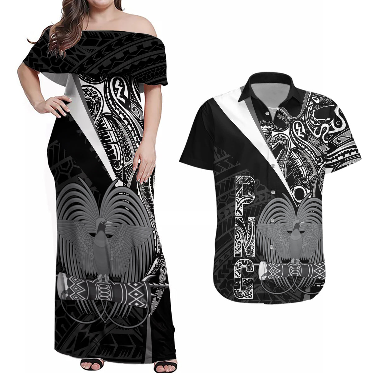 Custom Papua New Guinea Cricket Couples Matching Off Shoulder Maxi Dress and Hawaiian Shirt Tribal Bird of Paradise Tattoo LT9 Black - Polynesian Pride