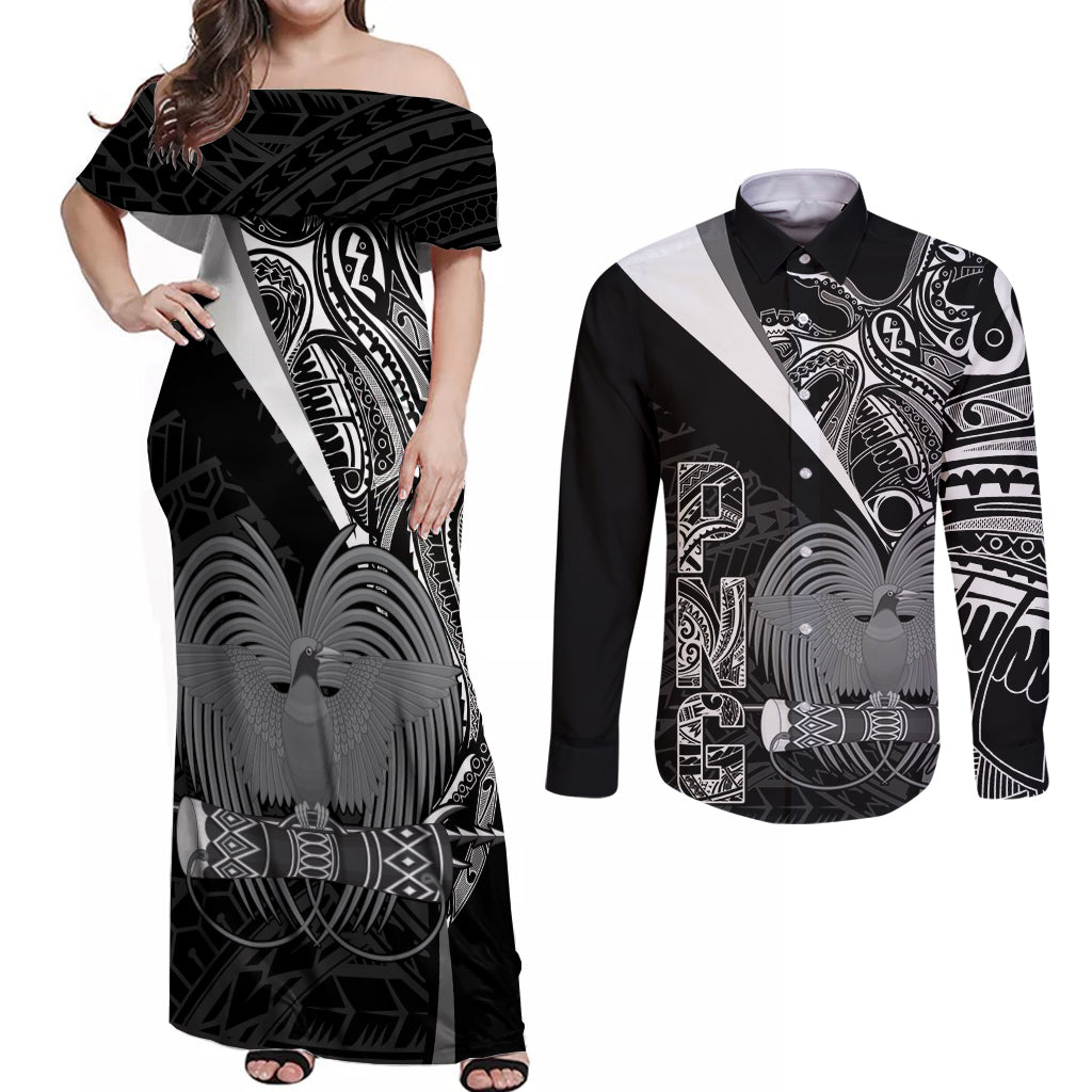 Custom Papua New Guinea Cricket Couples Matching Off Shoulder Maxi Dress and Long Sleeve Button Shirt Tribal Bird of Paradise Tattoo LT9 Black - Polynesian Pride