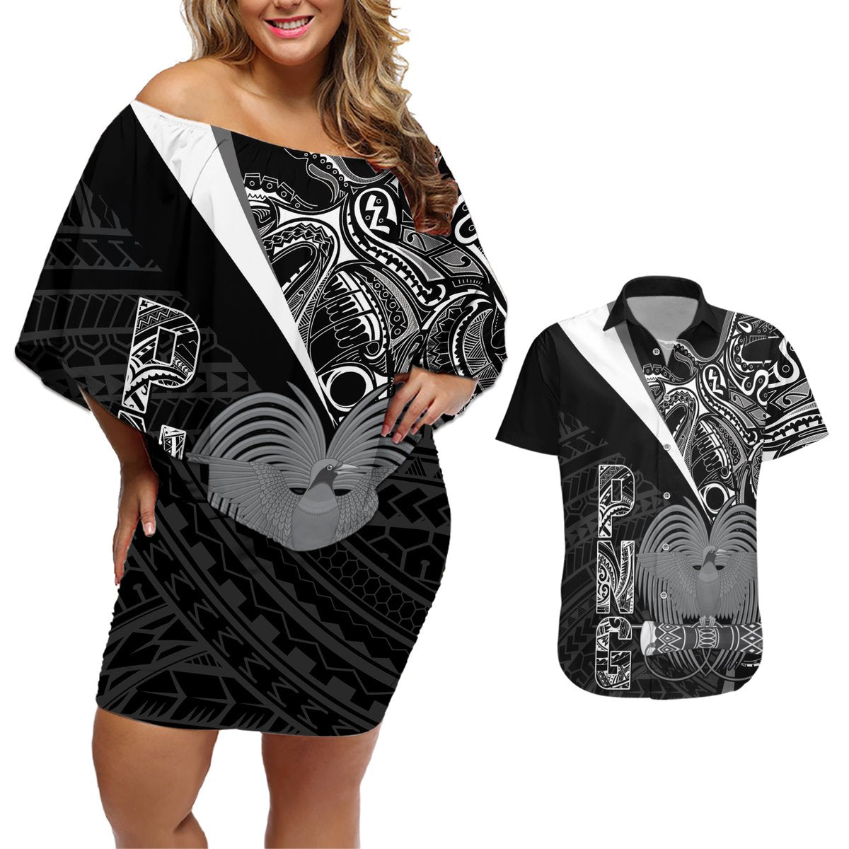 Custom Papua New Guinea Cricket Couples Matching Off Shoulder Short Dress and Hawaiian Shirt Tribal Bird of Paradise Tattoo LT9 Black - Polynesian Pride