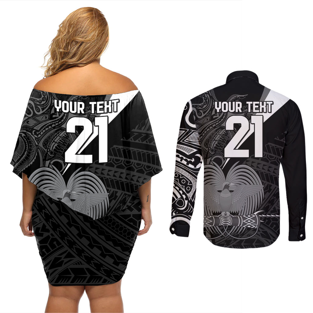 Custom Papua New Guinea Cricket Couples Matching Off Shoulder Short Dress and Long Sleeve Button Shirt Tribal Bird of Paradise Tattoo LT9 - Polynesian Pride