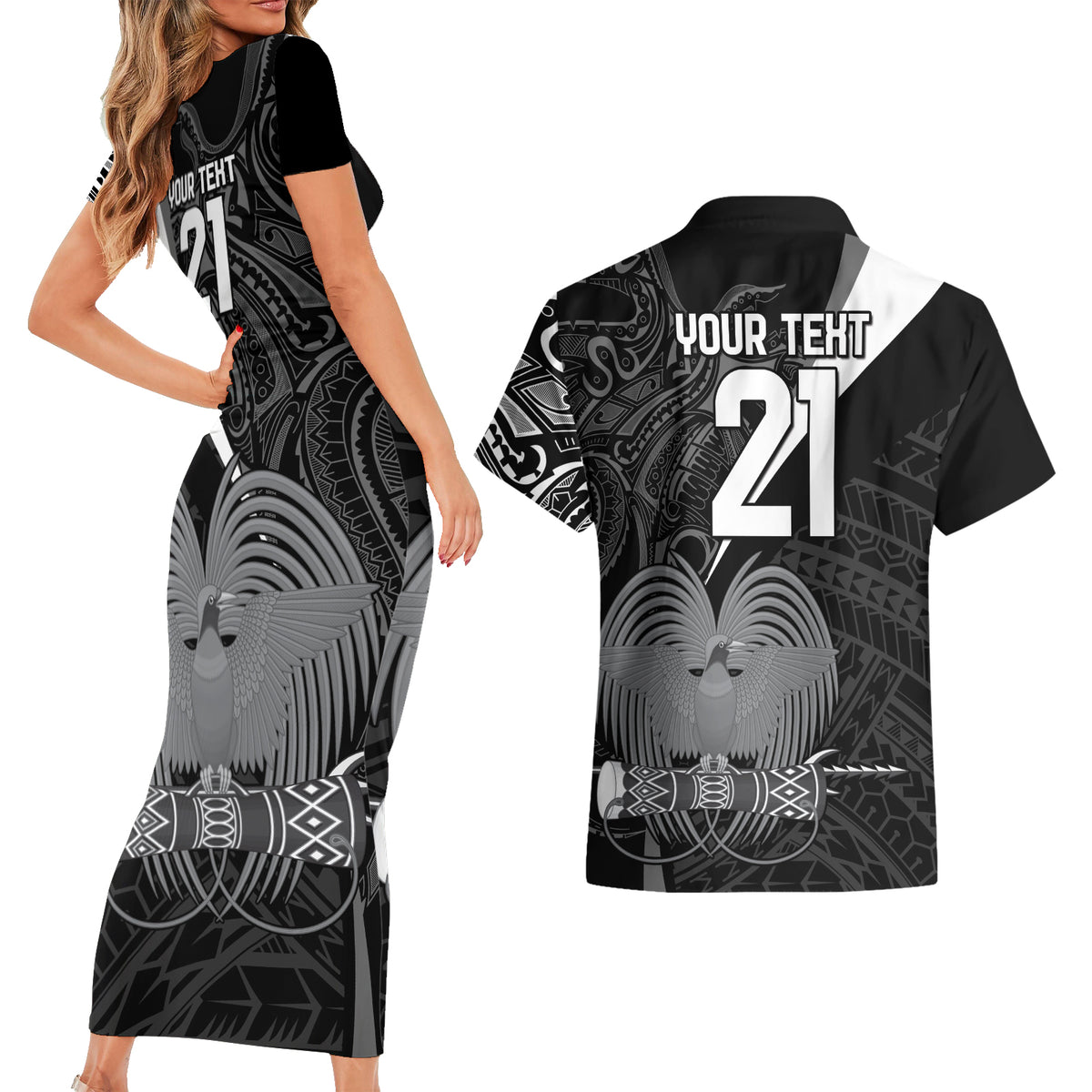 Custom Papua New Guinea Cricket Couples Matching Short Sleeve Bodycon Dress and Hawaiian Shirt Tribal Bird of Paradise Tattoo LT9 - Polynesian Pride