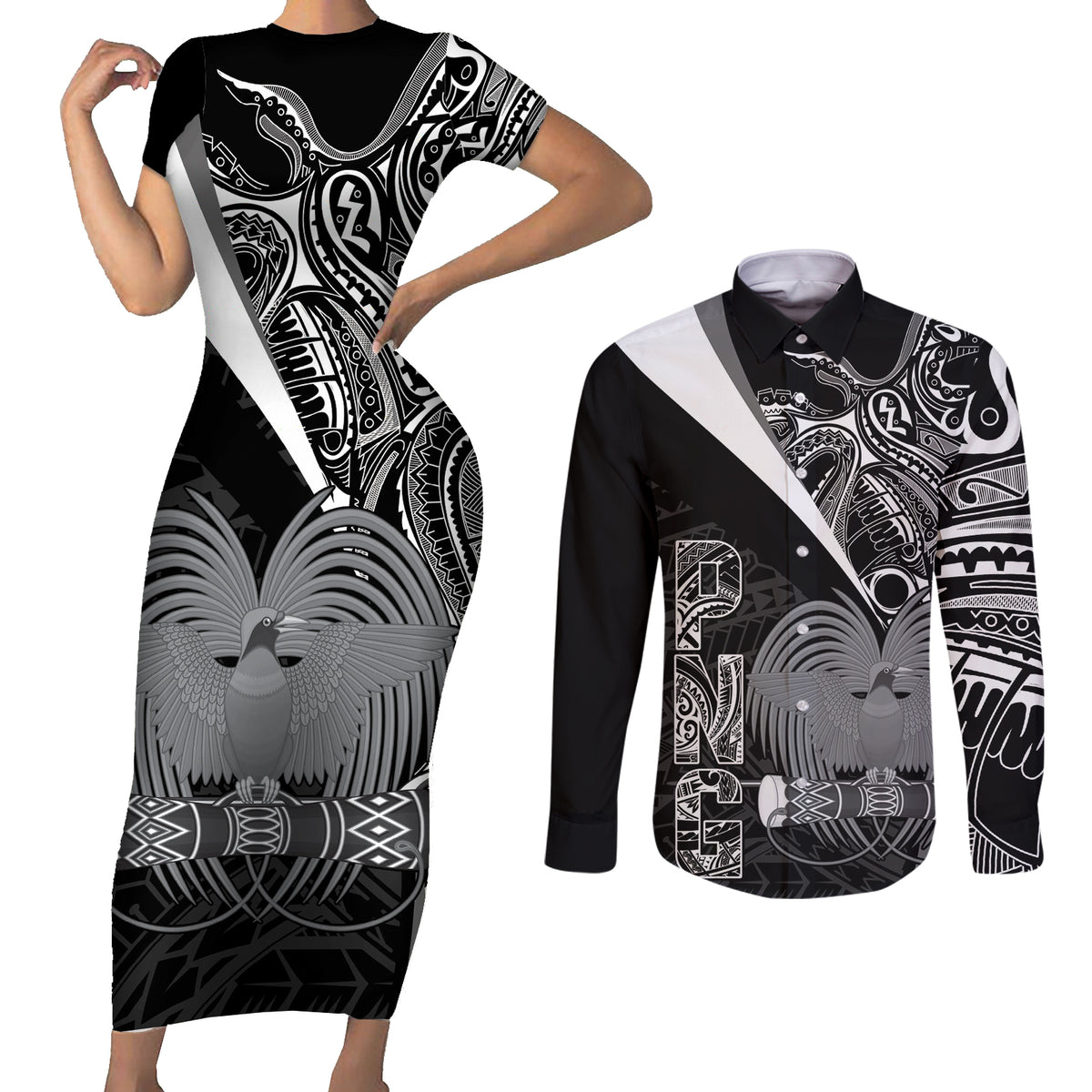 Custom Papua New Guinea Cricket Couples Matching Short Sleeve Bodycon Dress and Long Sleeve Button Shirt Tribal Bird of Paradise Tattoo LT9 Black - Polynesian Pride