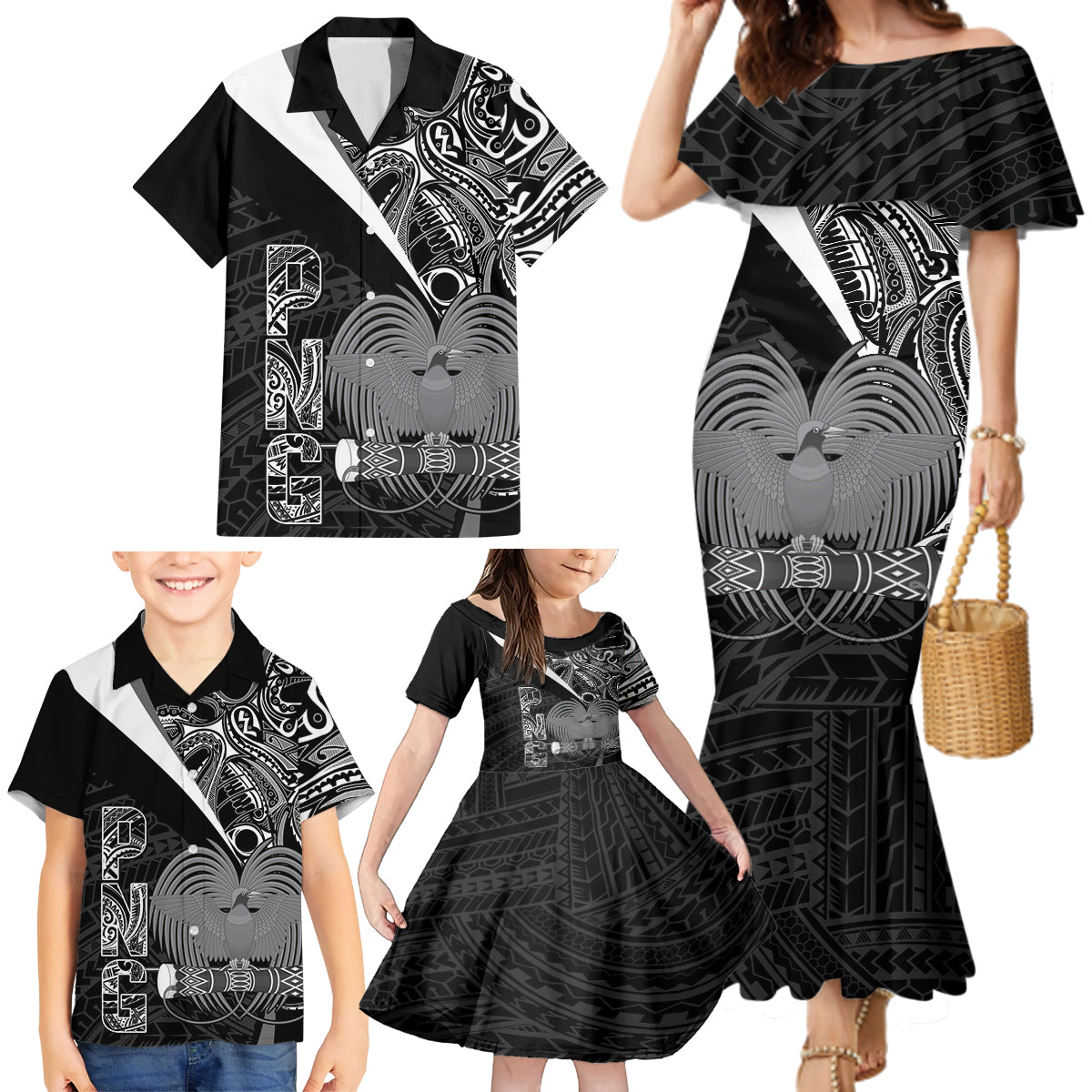 Custom Papua New Guinea Cricket Family Matching Mermaid Dress and Hawaiian Shirt Tribal Bird of Paradise Tattoo LT9 - Polynesian Pride