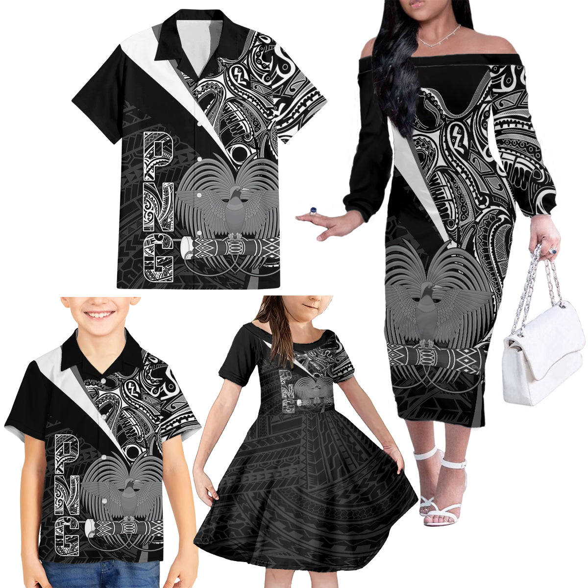 Custom Papua New Guinea Cricket Family Matching Off The Shoulder Long Sleeve Dress and Hawaiian Shirt Tribal Bird of Paradise Tattoo LT9 - Polynesian Pride