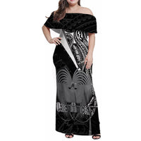 Custom Papua New Guinea Cricket Family Matching Off Shoulder Maxi Dress and Hawaiian Shirt Tribal Bird of Paradise Tattoo LT9 Mom's Dress Black - Polynesian Pride