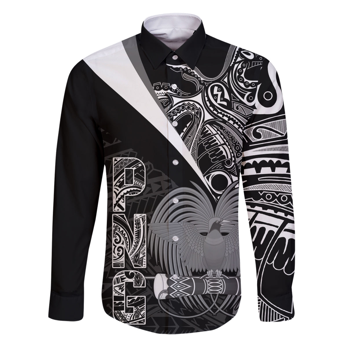 Custom Papua New Guinea Cricket Family Matching Off Shoulder Short Dress and Hawaiian Shirt Tribal Bird of Paradise Tattoo LT9 Dad's Shirt - Long Sleeve Black - Polynesian Pride