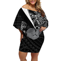 Custom Papua New Guinea Cricket Family Matching Off Shoulder Short Dress and Hawaiian Shirt Tribal Bird of Paradise Tattoo LT9 Mom's Dress Black - Polynesian Pride