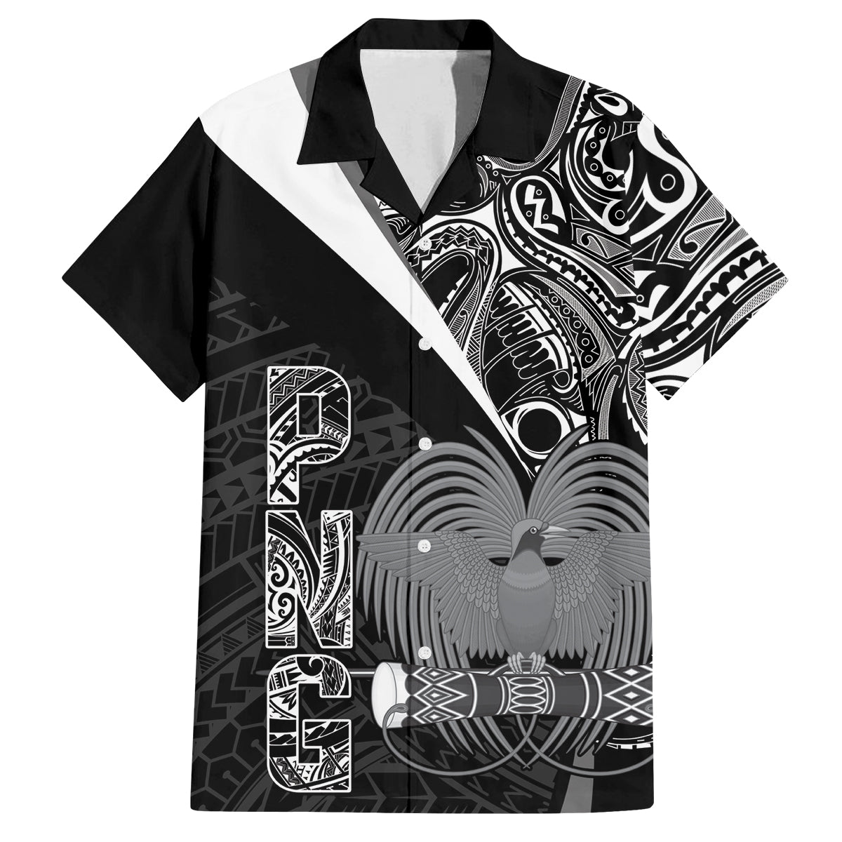 Custom Papua New Guinea Cricket Family Matching Puletasi and Hawaiian Shirt Tribal Bird of Paradise Tattoo LT9 Dad's Shirt - Short Sleeve Black - Polynesian Pride