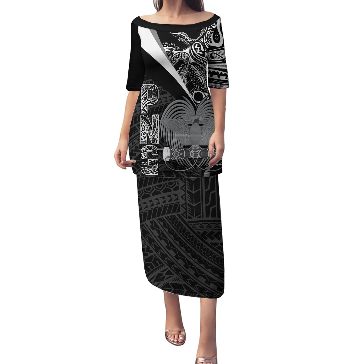 Custom Papua New Guinea Cricket Family Matching Puletasi and Hawaiian Shirt Tribal Bird of Paradise Tattoo LT9 Mom's Dress Black - Polynesian Pride