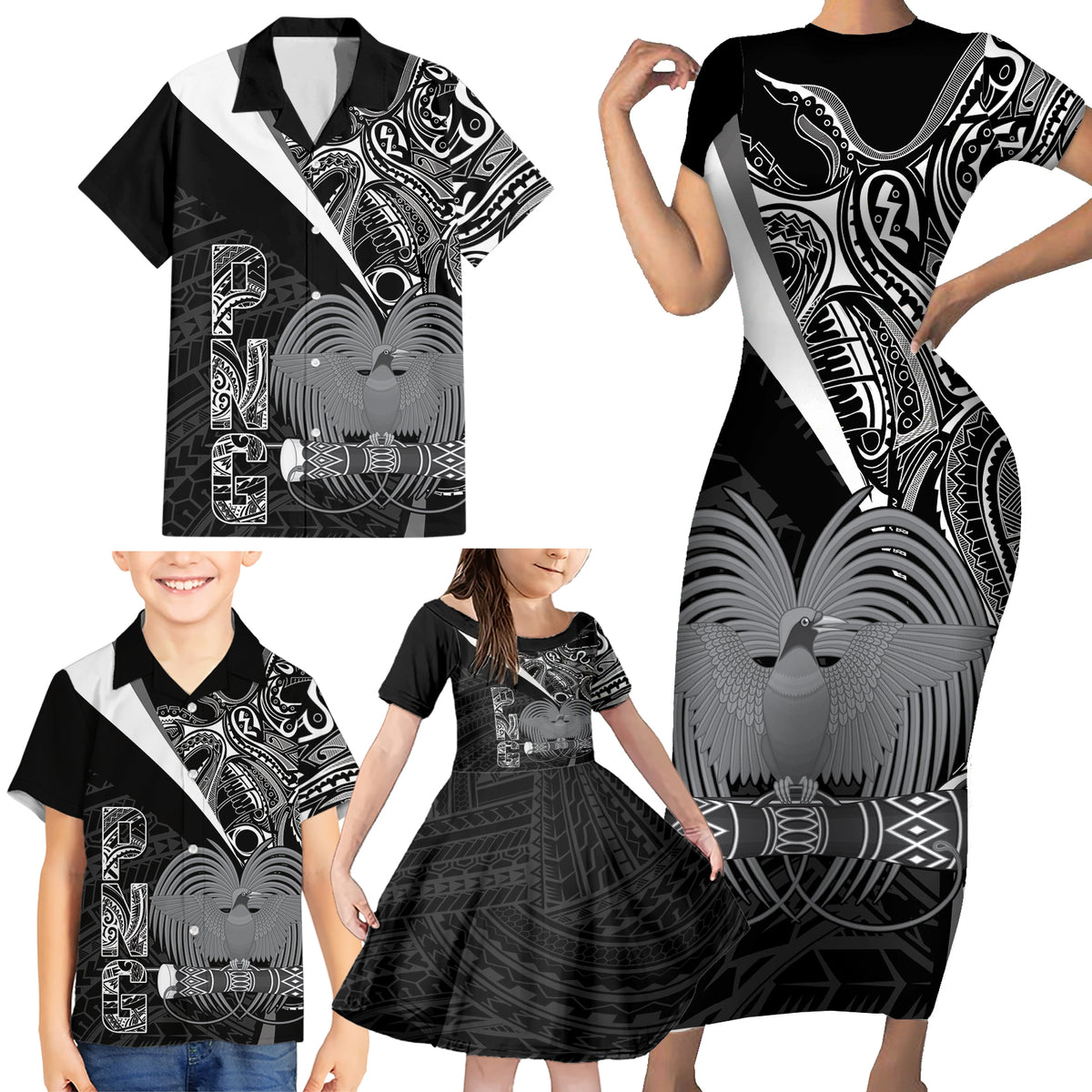 Custom Papua New Guinea Cricket Family Matching Short Sleeve Bodycon Dress and Hawaiian Shirt Tribal Bird of Paradise Tattoo LT9 - Polynesian Pride