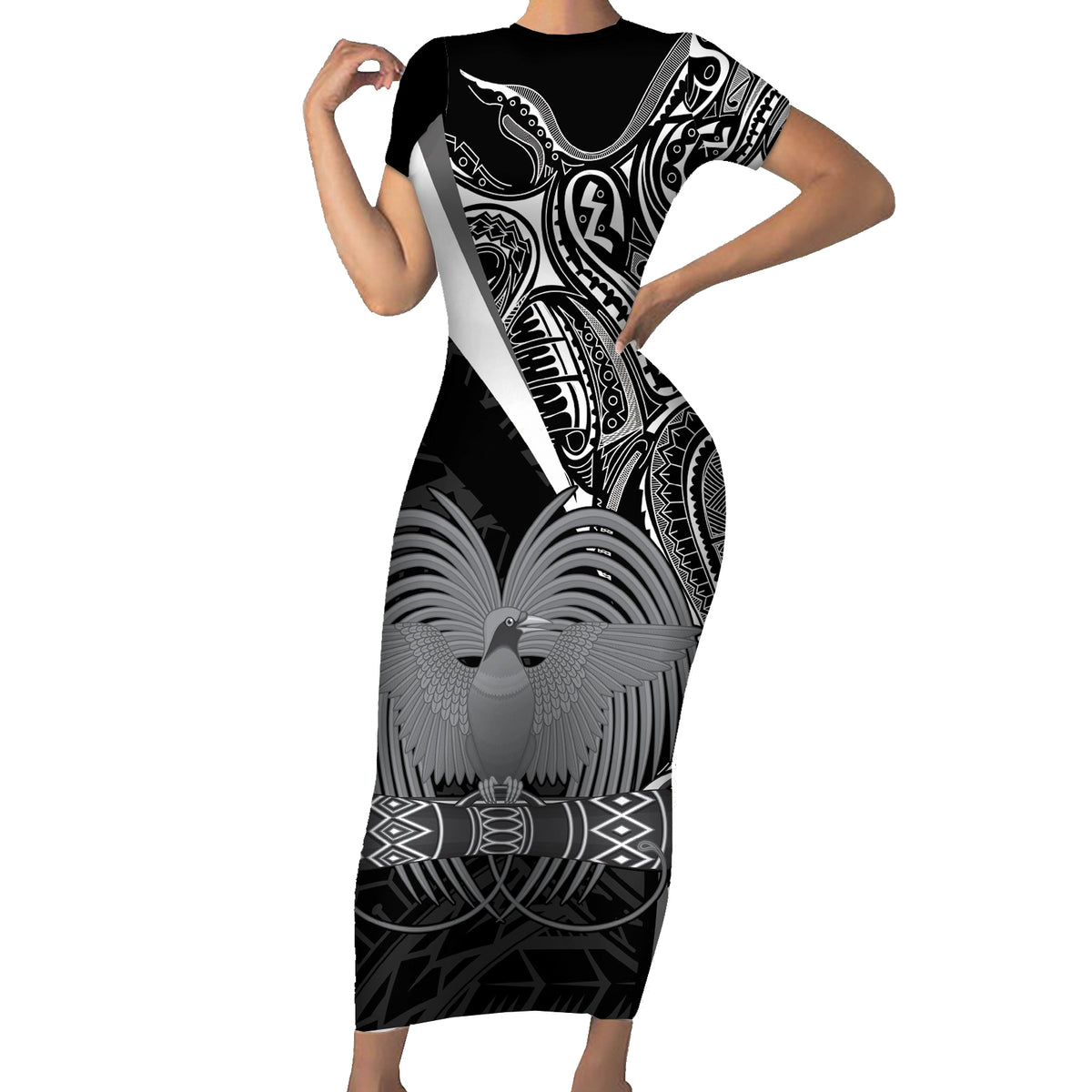 Custom Papua New Guinea Cricket Family Matching Short Sleeve Bodycon Dress and Hawaiian Shirt Tribal Bird of Paradise Tattoo LT9 Mom's Dress Black - Polynesian Pride