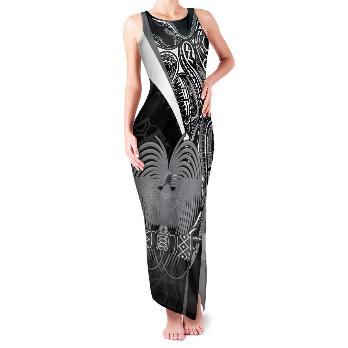 Custom Papua New Guinea Cricket Family Matching Tank Maxi Dress and Hawaiian Shirt Tribal Bird of Paradise Tattoo LT9 Mom's Dress Black - Polynesian Pride