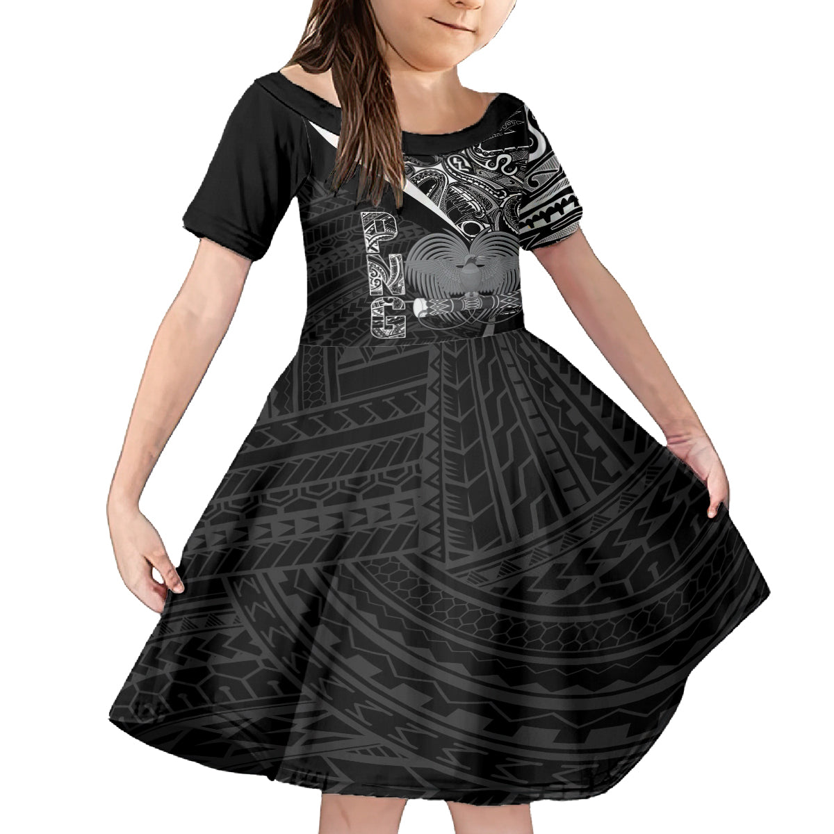 Custom Papua New Guinea Cricket Kid Short Sleeve Dress Tribal Bird of Paradise Tattoo