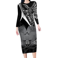 Custom Papua New Guinea Cricket Long Sleeve Bodycon Dress Tribal Bird of Paradise Tattoo LT9 Long Dress Black - Polynesian Pride