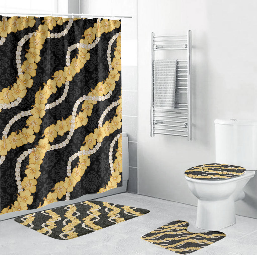 Aloha Melemele Hibiscus Pikake Lei Bathroom Set Hawaiian Quilt Pattern LT9 Bathroom Set (4 pcs) Black - Polynesian Pride