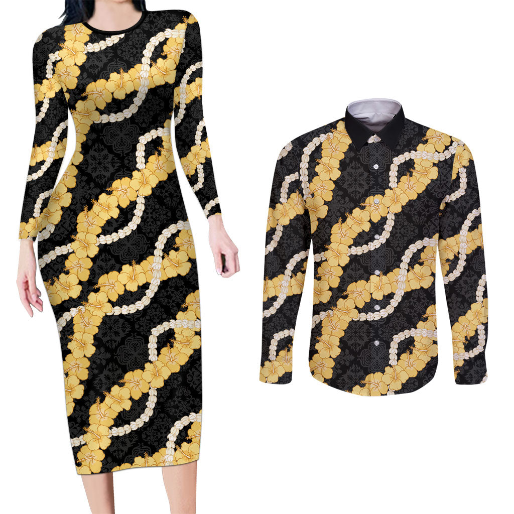 Aloha Melemele Hibiscus Pikake Lei Couples Matching Long Sleeve Bodycon Dress and Long Sleeve Button Shirt Hawaiian Quilt Pattern LT9 Black - Polynesian Pride