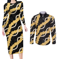 Aloha Melemele Hibiscus Pikake Lei Couples Matching Long Sleeve Bodycon Dress and Long Sleeve Button Shirt Hawaiian Quilt Pattern LT9 Black - Polynesian Pride