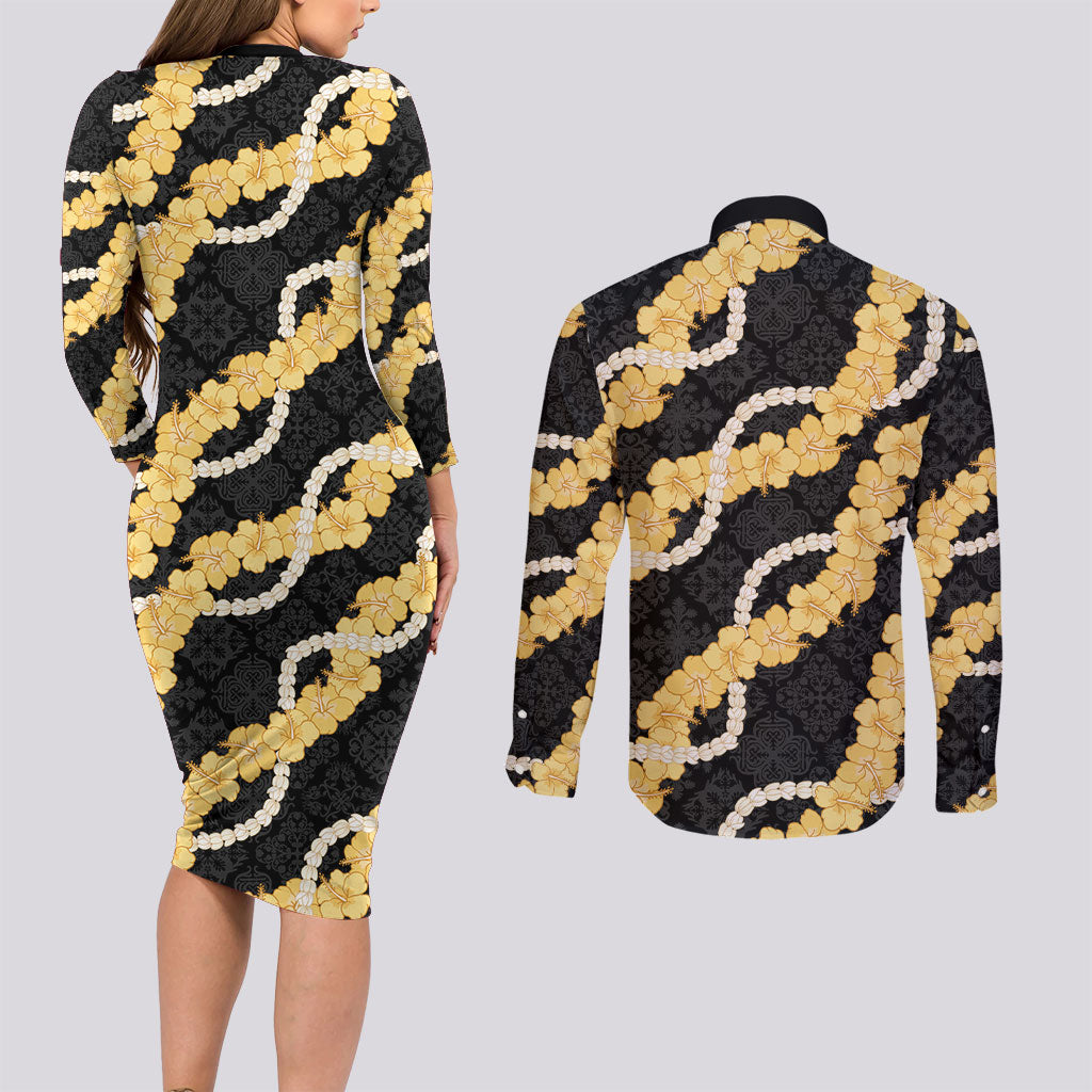 Aloha Melemele Hibiscus Pikake Lei Couples Matching Long Sleeve Bodycon Dress and Long Sleeve Button Shirt Hawaiian Quilt Pattern LT9 - Polynesian Pride