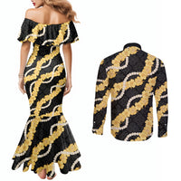 Aloha Melemele Hibiscus Pikake Lei Couples Matching Mermaid Dress and Long Sleeve Button Shirt Hawaiian Quilt Pattern