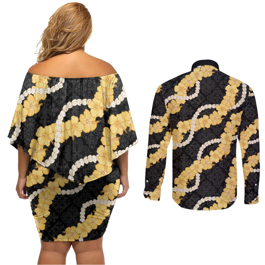Aloha Melemele Hibiscus Pikake Lei Couples Matching Off Shoulder Short Dress and Long Sleeve Button Shirt Hawaiian Quilt Pattern