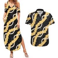Aloha Melemele Hibiscus Pikake Lei Couples Matching Summer Maxi Dress and Hawaiian Shirt Hawaiian Quilt Pattern LT9 Black - Polynesian Pride