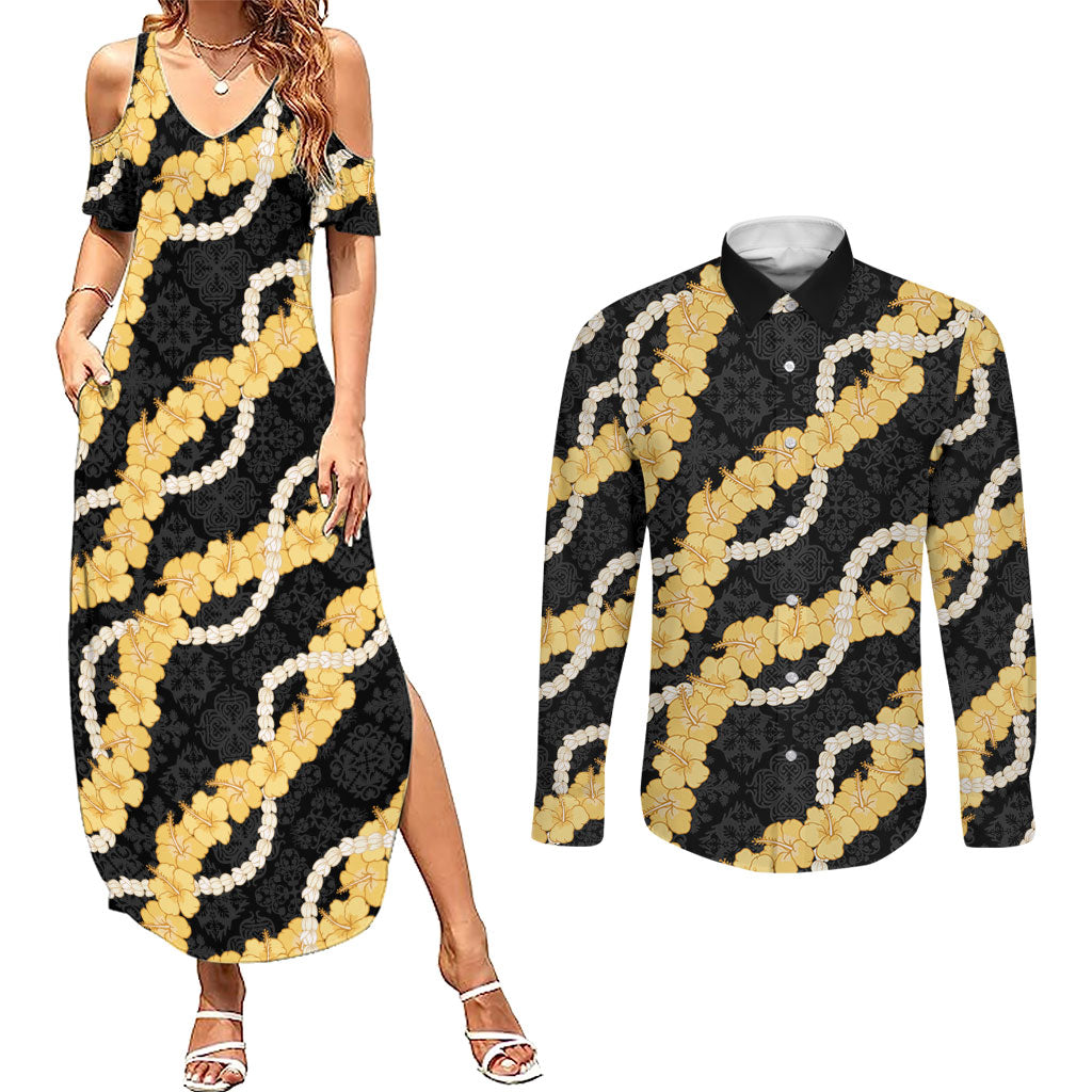 Aloha Melemele Hibiscus Pikake Lei Couples Matching Summer Maxi Dress and Long Sleeve Button Shirt Hawaiian Quilt Pattern