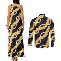 Aloha Melemele Hibiscus Pikake Lei Couples Matching Tank Maxi Dress and Long Sleeve Button Shirt Hawaiian Quilt Pattern