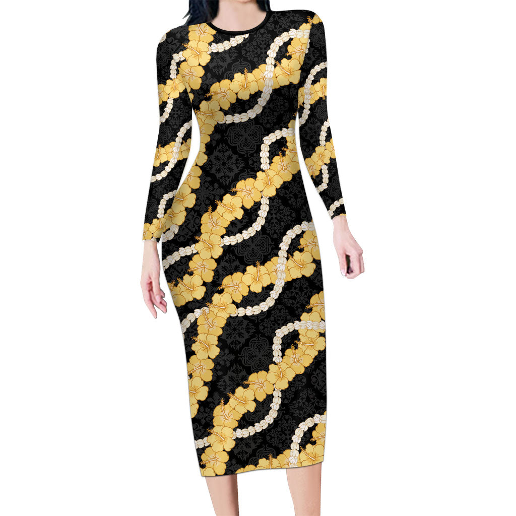 Aloha Melemele Hibiscus Pikake Lei Family Matching Long Sleeve Bodycon Dress and Hawaiian Shirt Hawaiian Quilt Pattern LT9 Mom's Dress Black - Polynesian Pride