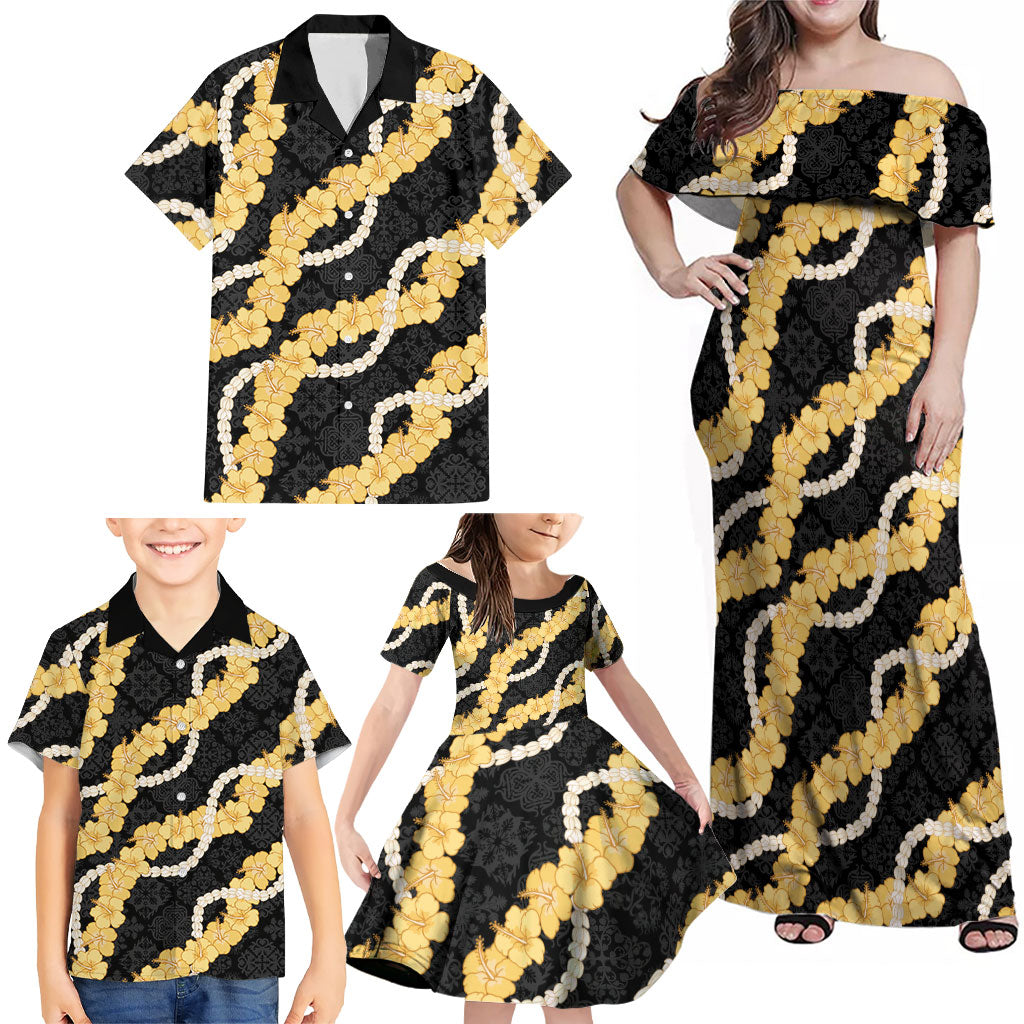 Aloha Melemele Hibiscus Pikake Lei Family Matching Off Shoulder Maxi Dress and Hawaiian Shirt Hawaiian Quilt Pattern LT9 - Polynesian Pride