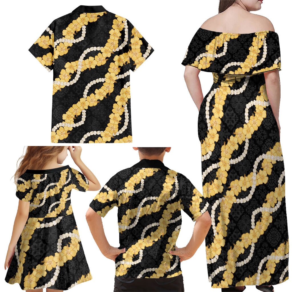 Aloha Melemele Hibiscus Pikake Lei Family Matching Off Shoulder Maxi Dress and Hawaiian Shirt Hawaiian Quilt Pattern LT9 - Polynesian Pride