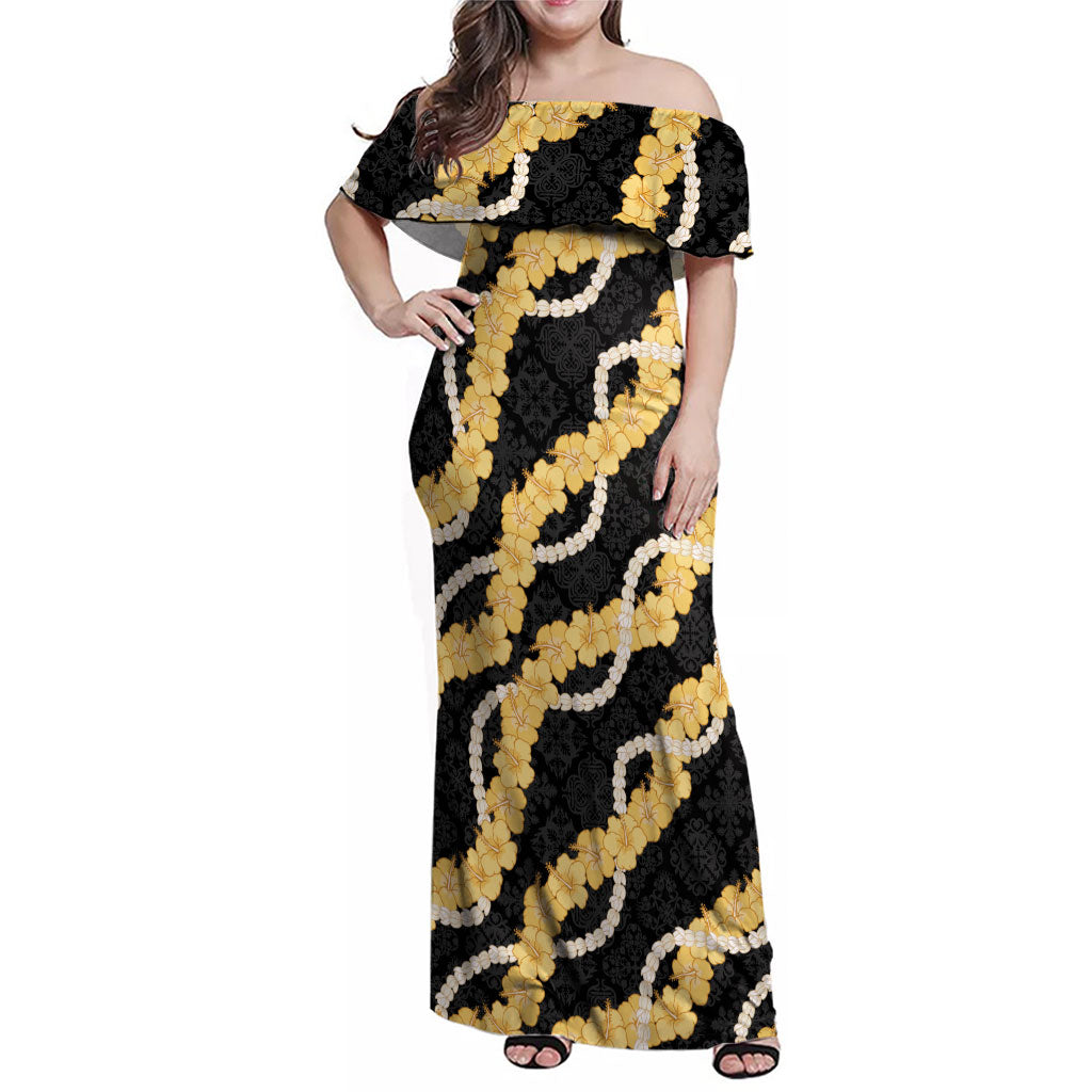 Aloha Melemele Hibiscus Pikake Lei Family Matching Off Shoulder Maxi Dress and Hawaiian Shirt Hawaiian Quilt Pattern LT9 Mom's Dress Black - Polynesian Pride