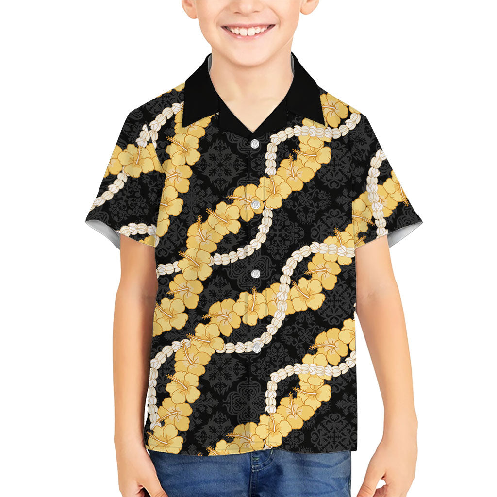 Aloha Melemele Hibiscus Pikake Lei Family Matching Off Shoulder Maxi Dress and Hawaiian Shirt Hawaiian Quilt Pattern LT9 Son's Shirt Black - Polynesian Pride