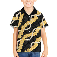 Aloha Melemele Hibiscus Pikake Lei Family Matching Off Shoulder Maxi Dress and Hawaiian Shirt Hawaiian Quilt Pattern LT9 Son's Shirt Black - Polynesian Pride