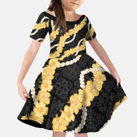 Aloha Melemele Hibiscus Pikake Lei Family Matching Summer Maxi Dress and Hawaiian Shirt Hawaiian Quilt Pattern LT9 Daughter's Dress Black - Polynesian Pride