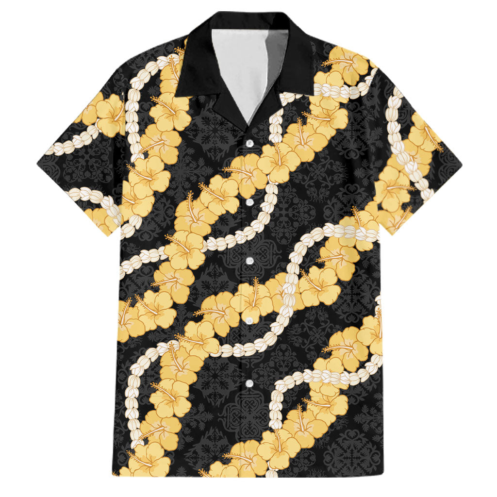 Aloha Melemele Hibiscus Pikake Lei Family Matching Tank Maxi Dress and Hawaiian Shirt Hawaiian Quilt Pattern LT9 Dad's Shirt - Short Sleeve Black - Polynesian Pride