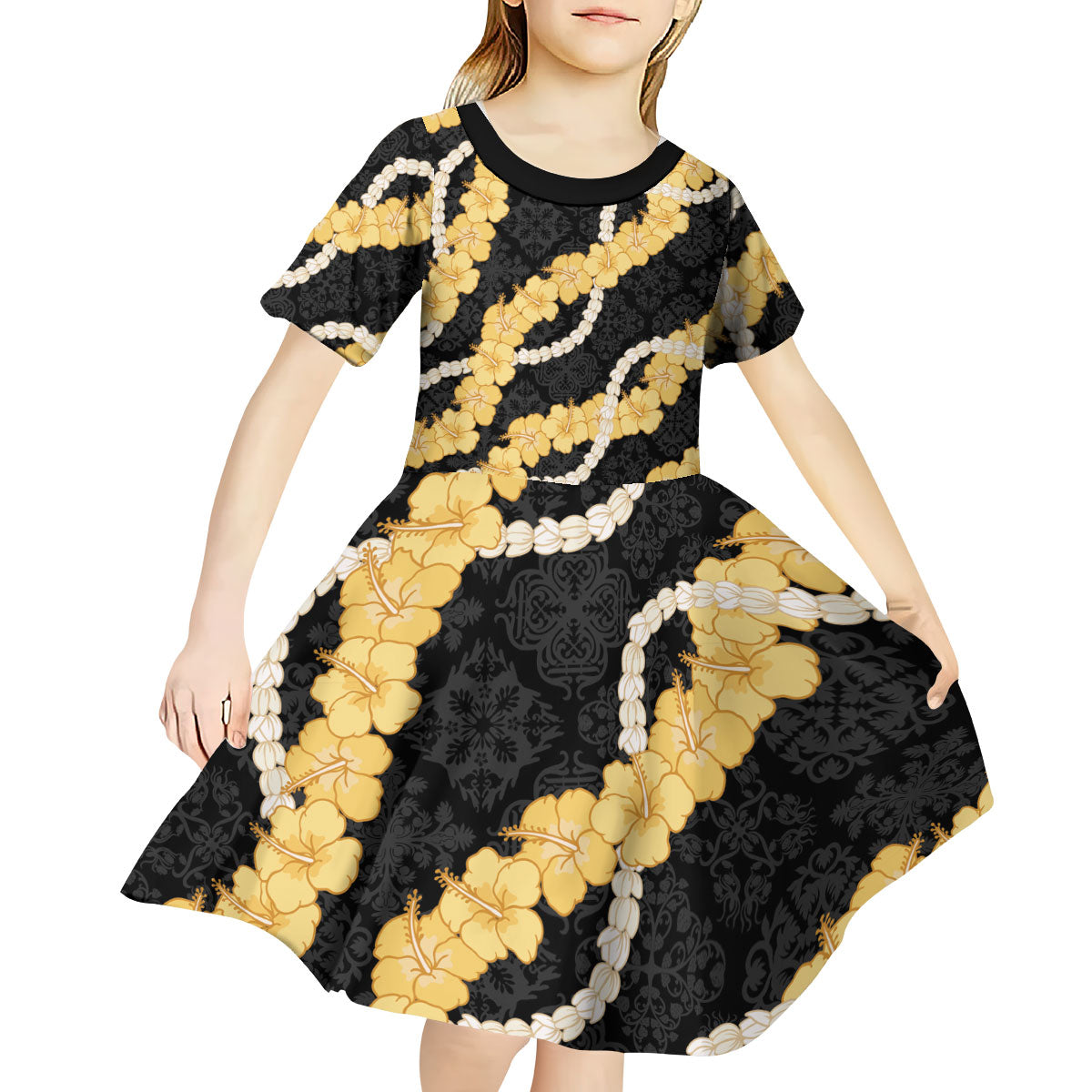 Aloha Melemele Hibiscus Pikake Lei Kid Short Sleeve Dress Hawaiian Quilt Pattern