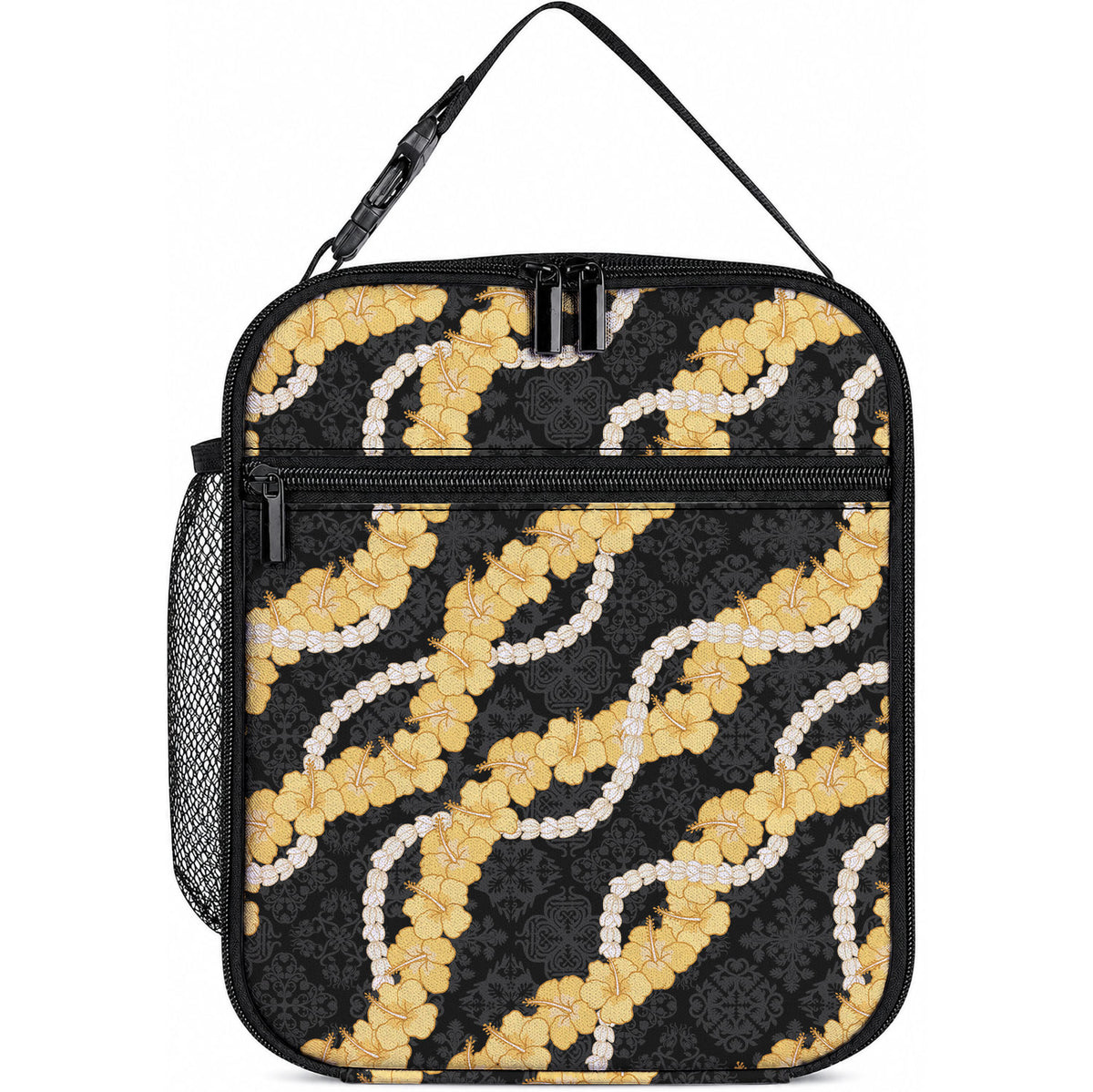 Aloha Melemele Hibiscus Pikake Lei Lunch Bag Hawaiian Quilt Pattern LT9 10.2 × 8.3 × 4.3 inch Black - Polynesian Pride
