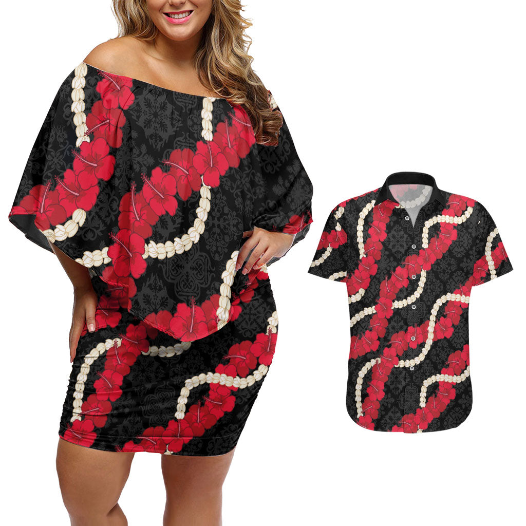 Aloha Ula'ula Hibiscus Pikake Lei Couples Matching Off Shoulder Short Dress and Hawaiian Shirt Hawaiian Quilt Pattern