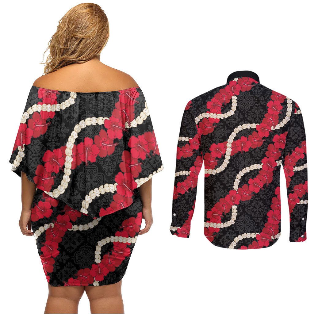 Aloha Ula'ula Hibiscus Pikake Lei Couples Matching Off Shoulder Short Dress and Long Sleeve Button Shirt Hawaiian Quilt Pattern