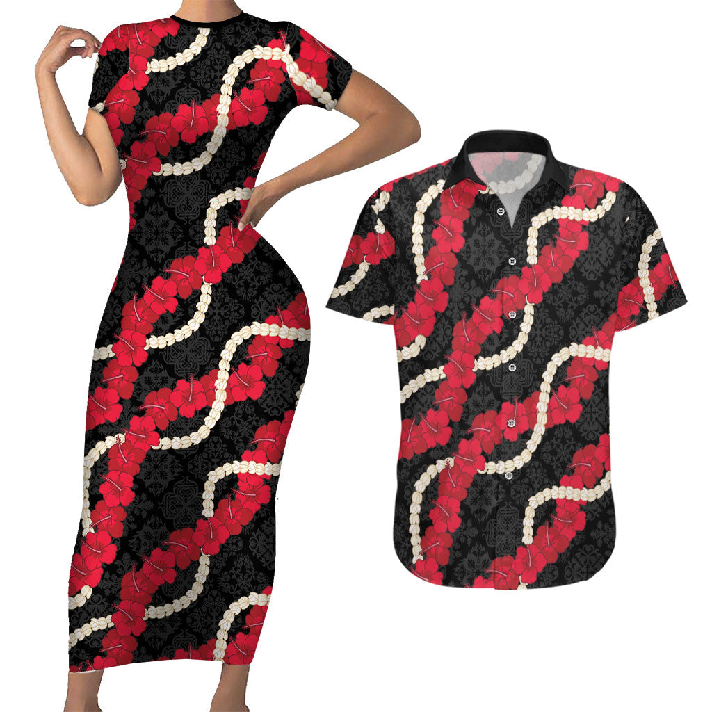 Aloha Ula'ula Hibiscus Pikake Lei Couples Matching Short Sleeve Bodycon Dress and Hawaiian Shirt Hawaiian Quilt Pattern