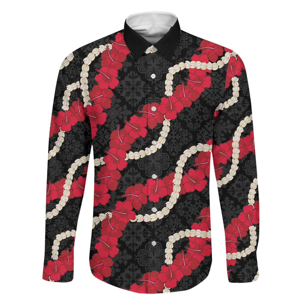 Aloha Ula'ula Hibiscus Pikake Lei Family Matching Long Sleeve Bodycon Dress and Hawaiian Shirt Hawaiian Quilt Pattern LT9 Dad's Shirt - Long Sleeve Black - Polynesian Pride