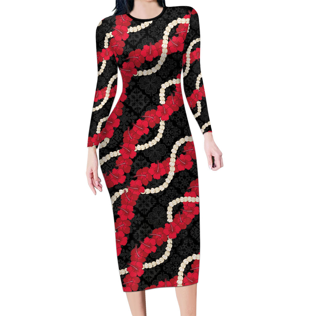 Aloha Ula'ula Hibiscus Pikake Lei Family Matching Long Sleeve Bodycon Dress and Hawaiian Shirt Hawaiian Quilt Pattern LT9 Mom's Dress Black - Polynesian Pride