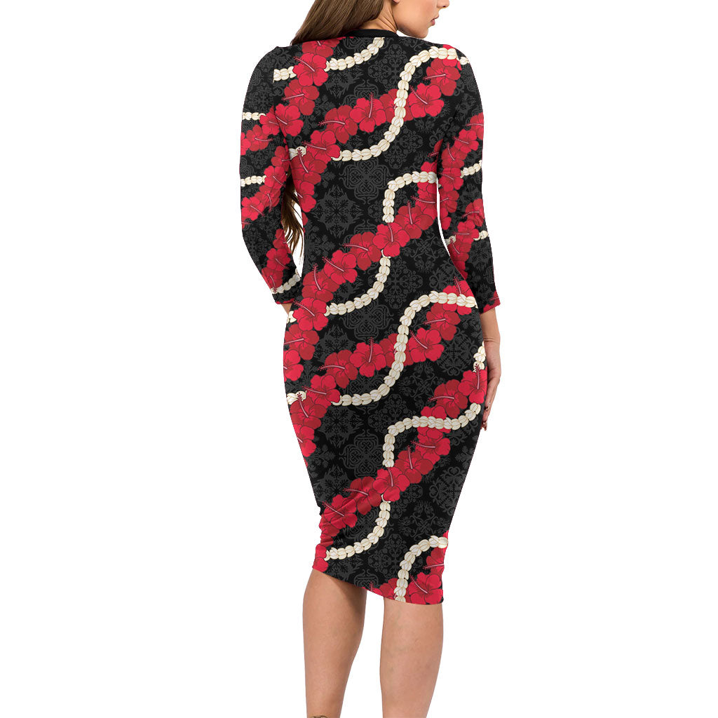 Aloha Ula'ula Hibiscus Pikake Lei Family Matching Long Sleeve Bodycon Dress and Hawaiian Shirt Hawaiian Quilt Pattern LT9 - Polynesian Pride
