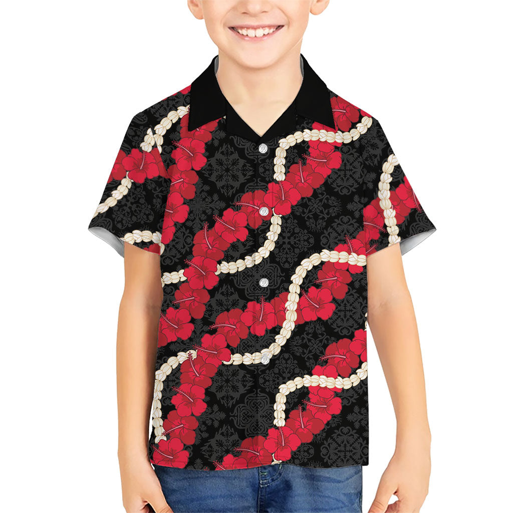 Aloha Ula'ula Hibiscus Pikake Lei Family Matching Mermaid Dress and Hawaiian Shirt Hawaiian Quilt Pattern LT9 Son's Shirt Black - Polynesian Pride