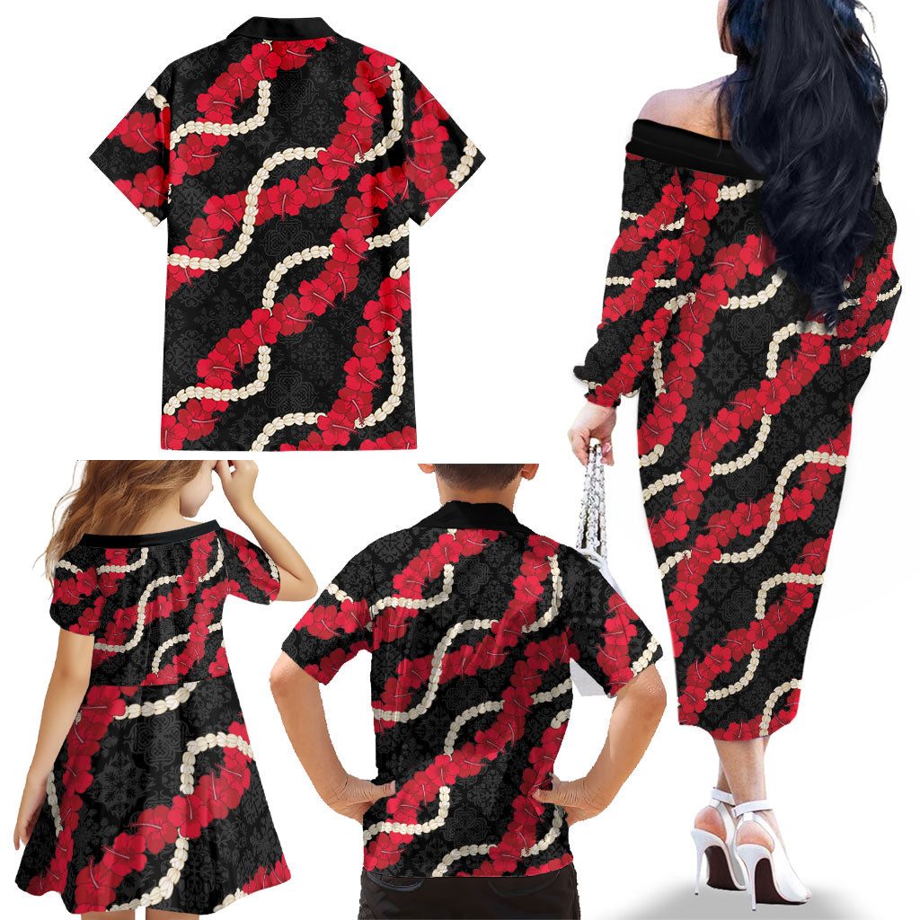 Aloha Ula'ula Hibiscus Pikake Lei Family Matching Off The Shoulder Long Sleeve Dress and Hawaiian Shirt Hawaiian Quilt Pattern LT9 - Polynesian Pride