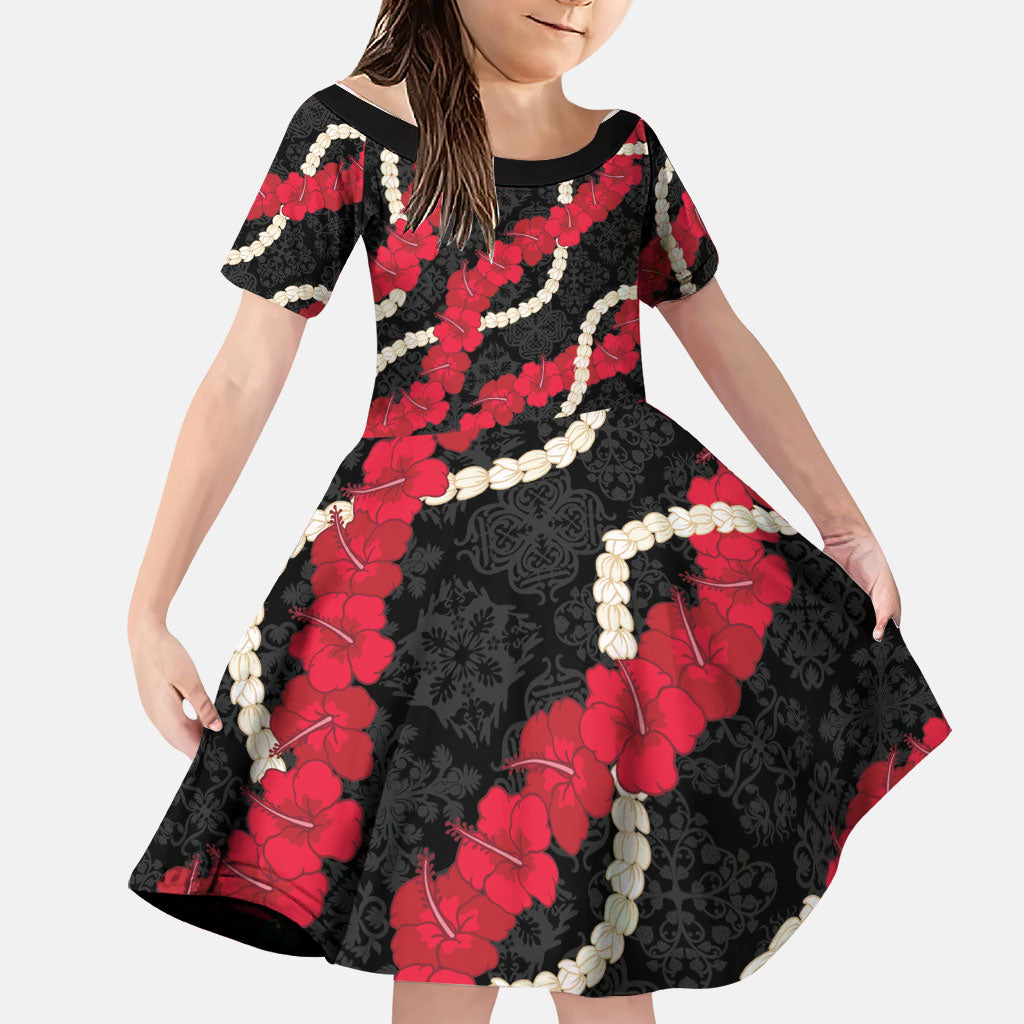 Aloha Ula'ula Hibiscus Pikake Lei Family Matching Tank Maxi Dress and Hawaiian Shirt Hawaiian Quilt Pattern LT9 Daughter's Dress Black - Polynesian Pride